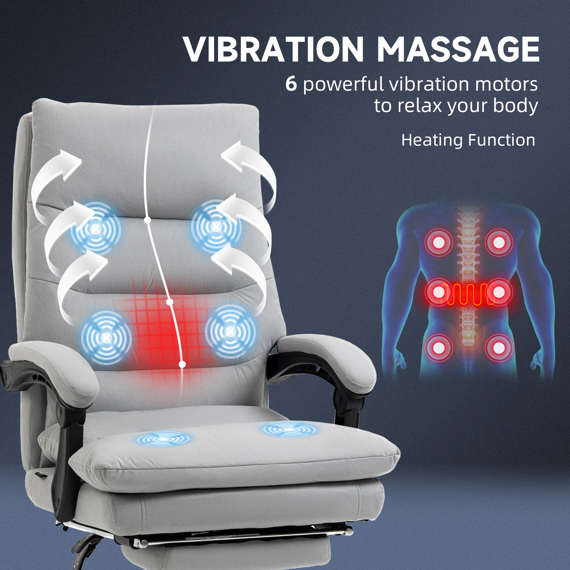 Vinsetto Office Chair with Footrest, Double Padding Ergonomic Desk Chair with 6-Point Vibration Massage and Back Heating, Microfibre Fabric with 135° Reclining Back, Grey